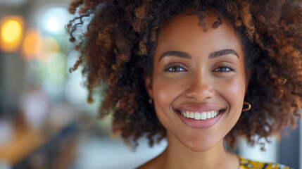 A close-up in a cozy cafe with soft lighting portrays a young woman with curly hair, smiling warmly, her joyful expression reflecting a moment of entrepreneurial success.