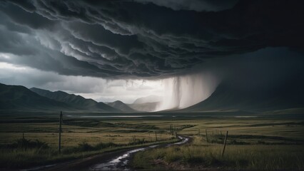 Describe a tumultuous open world landscape amidst a powerful storm, where nature's fury and breathtaking views collide in a mesmerizing display