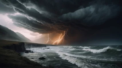 Photo sur Plexiglas Gris 2 Describe a tumultuous open world landscape amidst a powerful storm, where nature's fury and breathtaking views collide in a mesmerizing display