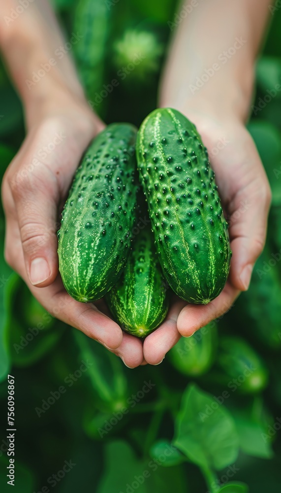 Poster Fresh crisp cucumber held in hand, selection of cucumbers on blurred background with copy space