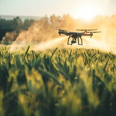 Drone Flying Over Wheat Field with Insecticide Spraying

