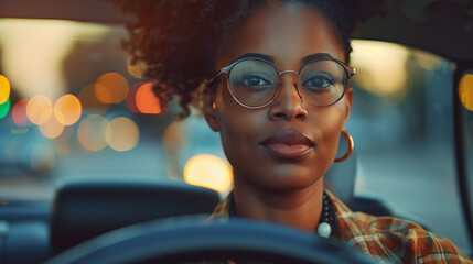 Young African American woman behind the wheel, Captured in a close-up shot, a young woman drives amidst colorful city lights reflecting on a rainy window.