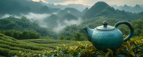 Vintage old glass tea kettle with Chinese green tea and plantation on background. Beautiful landscape with valley mountains. Hot morning drink. Travel concept. Banner with copy space - obrazy, fototapety, plakaty