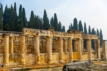 View of large columns along main street of ancient Hellenistic city of Hierapolis, Phrygia, Turkey