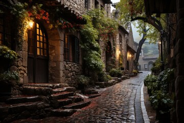 Fototapeta na wymiar A narrow cobblestone street lined with buildings in a quaint village