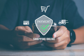 Man online payment by smartphone. Shopping online purchase internet banking.