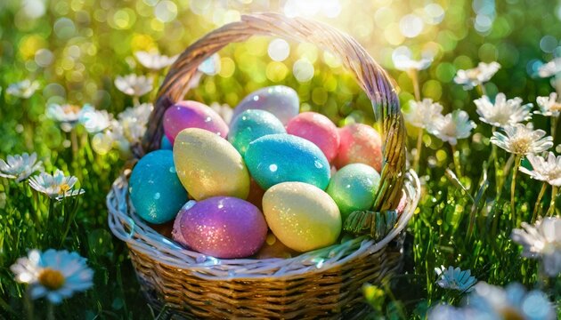 Easter eggs in easter basket in spring meadow