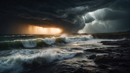 Describe a tumultuous open world landscape amidst a powerful storm, where nature's fury and breathtaking views collide in a mesmerizing display