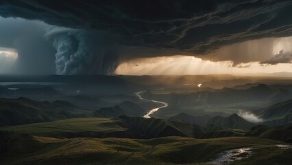 Describe a tumultuous open world landscape amidst a powerful storm, where nature's fury and breathtaking views collide in a mesmerizing display