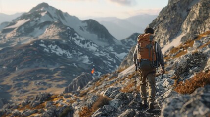 A lone adventurer, clad in outdoor gear, ascends a rocky mountain path towards a distant flag fluttering atop the summit. - obrazy, fototapety, plakaty