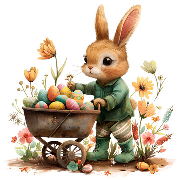 recommend clip art: Watercolor illustration of a cute fluffy bunny pushing basket of colourful easter eggs in a wheelbarrow surrounded by big colourful flower. Generative AI