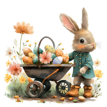 recommend clip art: Watercolor illustration of a cute fluffy bunny pushing basket of colourful easter eggs in a wheelbarrow surrounded by big colourful flower. Generative AI