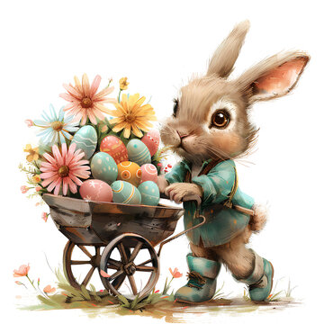 recommend clip art: Watercolor illustration of a cute fluffy bunny pushing basket of colourful easter eggs in a wheelbarrow surrounded by big colourful flower. Generative AI