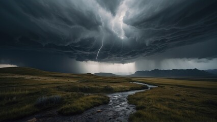 Describe a tumultuous open world landscape amidst a powerful storm, where nature's fury and breathtaking views collide in a mesmerizing display - obrazy, fototapety, plakaty