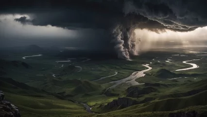 Photo sur Plexiglas Gris 2 Describe a tumultuous open world landscape amidst a powerful storm, where nature's fury and breathtaking views collide in a mesmerizing display