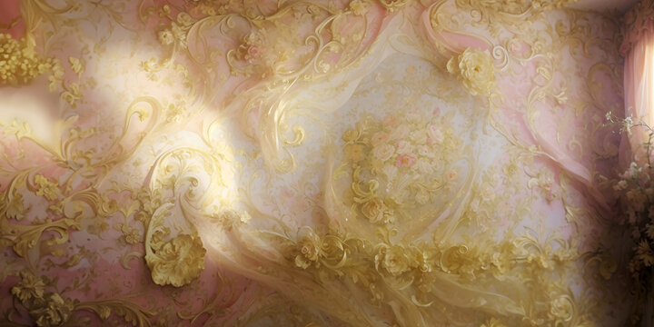 textured wall in gold and pink, floral background, wallpaper, historic style, rococo stucco 