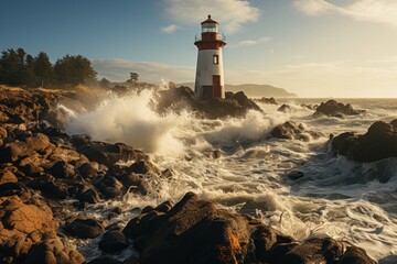 Fototapeta na wymiar Lighthouse on rocky shore, waves crashing, with cloudy sky and oceanic landscape