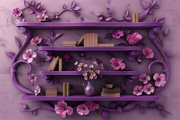 modern purple wooden book shelves with floral ornament