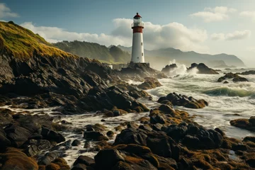 Crédence de cuisine en verre imprimé Atlantic Ocean Road Lighthouse on rocky cliff by ocean creates stunning coastal landscape