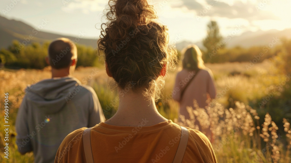 Poster a serene natural setting where a group practices walking meditation connecting with the earth and th