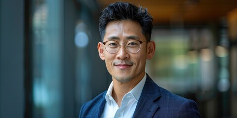 Happy smiling korean businessman leader, looking confident standing in office , best candidate of job