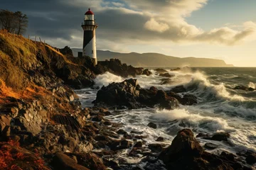 Papier Peint photo autocollant Atlantic Ocean Road Lighthouse on rocky cliff, overlooking ocean, under sky with clouds