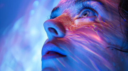A closeup of a persons face lit up by the colorful lighting effects from a projection mapped installation as they look up in awe and wonder. - obrazy, fototapety, plakaty