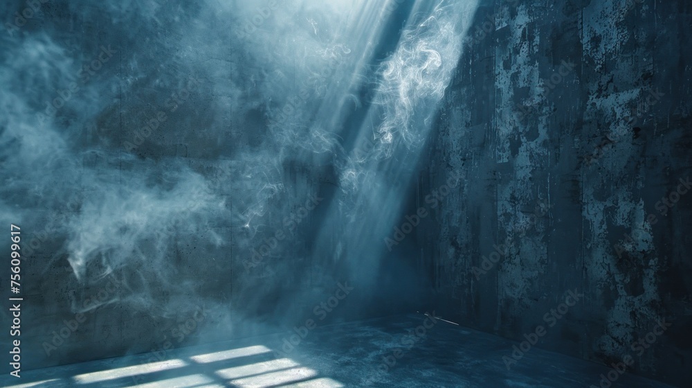 Poster mysterious empty room with sunbeams filtering through window, illuminating airborne dust particles a