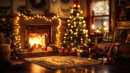 Obraz na płótnie Canvas Cozy living room decorated for festive season with roaring fireplace, Christmas tree adorned with lights and gifts, providing warm atmosphere for holiday celebrations.