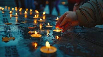 Candlelight vigil in evening as person lights tealight on memorial commemorating lost lives, tradition and remembrance. - obrazy, fototapety, plakaty