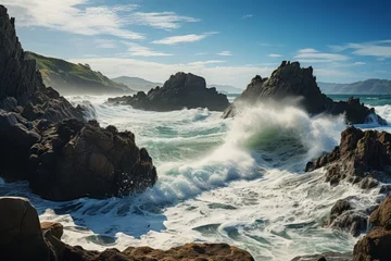 Küchenrückwand glas motiv Water waves crash against rocks on shore in natural landscape © 昱辰 董