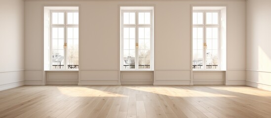 Interior with Neutral Toned Walls, Spacious Windows, Polished Parquet Floor, and White Base. Empty Room Visualization. in High Resolution.