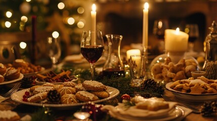 Festive dinner table setting with traditional holiday decorations, candles, and variety of Christmas cookies and treats. Seasonal celebration and dining.