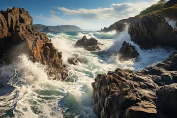 Foto op Plexiglas Water wind waves crash against rocks on the shore of a natural landscape © 昱辰 董