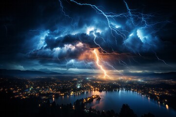 Electric blue lightning storm over a lake, city in background - obrazy, fototapety, plakaty