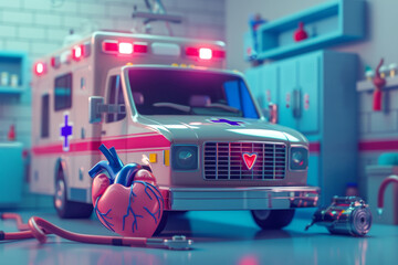 Create a distinctive 3D backdrop background depicting a medical emergency involving a heart and an ambulance - obrazy, fototapety, plakaty