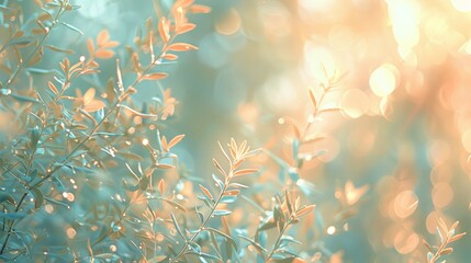 Soft delicate blurred mint green, peach orange, and white silver bokeh background