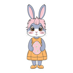 Cute bunny with pink hair in a dress holding an egg. Easter, celebration. Flat vector character isolated on transparent background.