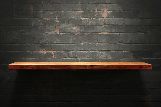 Clipping path included wooden shelves on black brick background