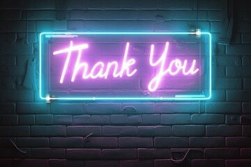 Neon sign emblem spelling Thank You on brick wall background