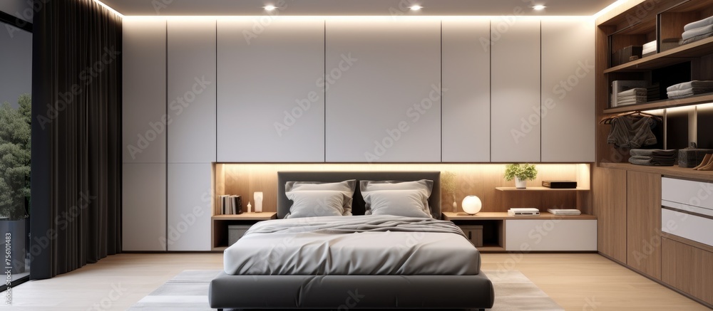 Sticker modern bedroom with built-in wardrobe, square spotlights, and ducted air conditioning