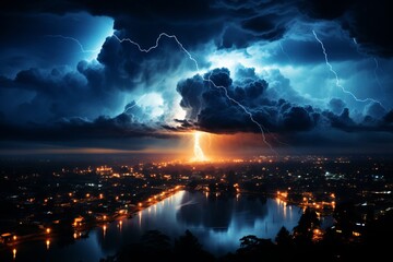 Cumulus clouds light up the night sky over a city with a lake in the foreground - obrazy, fototapety, plakaty