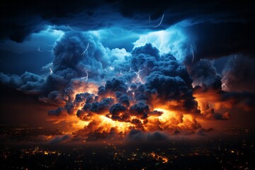 A stormy night, clouds heavy with lightning, loom over the citys dark skyline