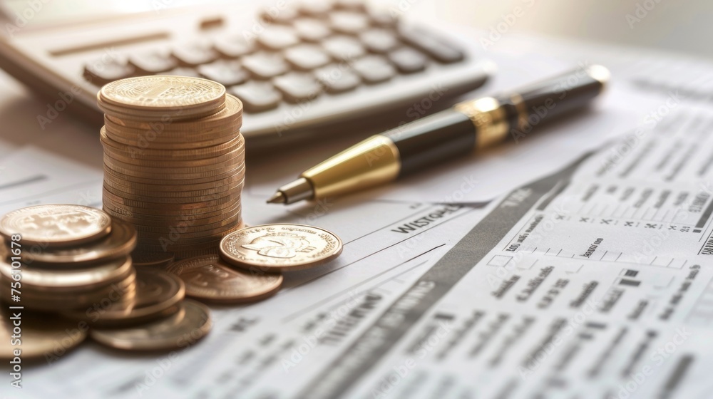 Poster a stack of coins with a calculator and a pen lying on top p on a blank tax form. the image represent