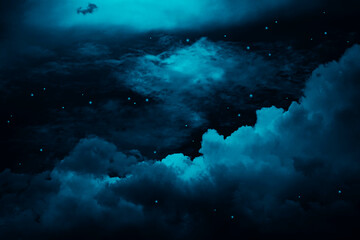 Black dark turquoise blue white night sky. Cloud star constellation galaxy nebula universe space...
