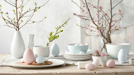 Easter eggs and spring flowers on a table, ideal for spring holiday themes
