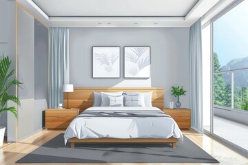 Realistic bright modern double bedroom with furniture