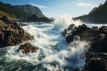 Water crashes on rocky shore in stunning natural landscape - obrazy, fototapety, plakaty