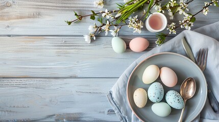 Easter eggs and spring flowers on a table, ideal for spring holiday themes
