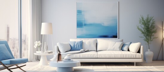 Modern living room with a white sofa and blue decor.